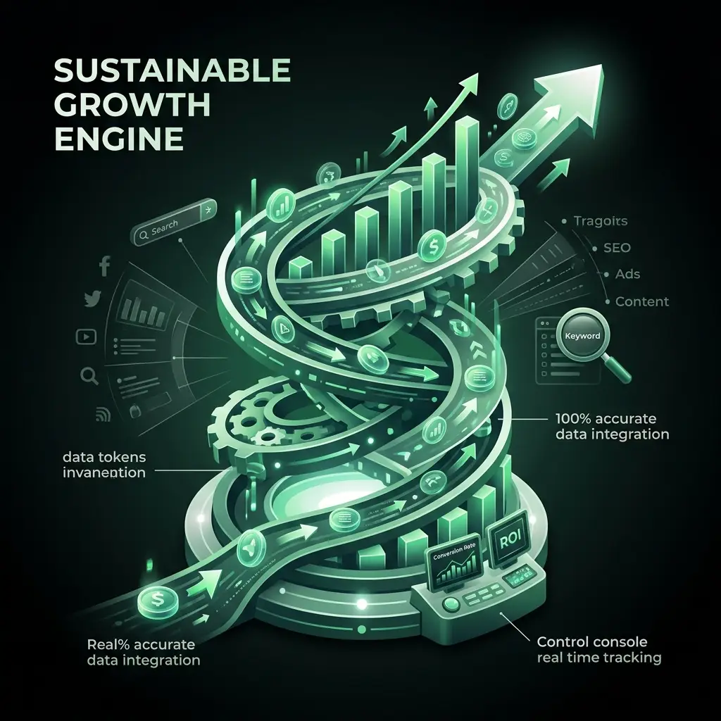 Strategic growth engine infographic showing 100% accurate data tracking for B2B and B2C digital marketing campaigns by Sijan Mahmud.